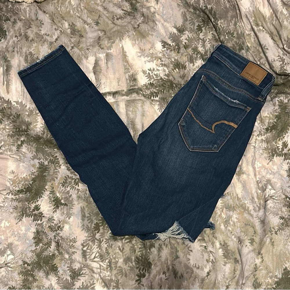 American Eagle Dark Blue Distressed Hi-Rise Jeggings